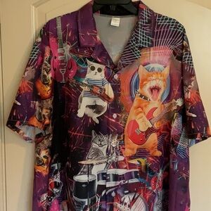Cat Rock Band Music Men’s Button Down Funny Bowling Hawaiian Shirt - Size XXXL